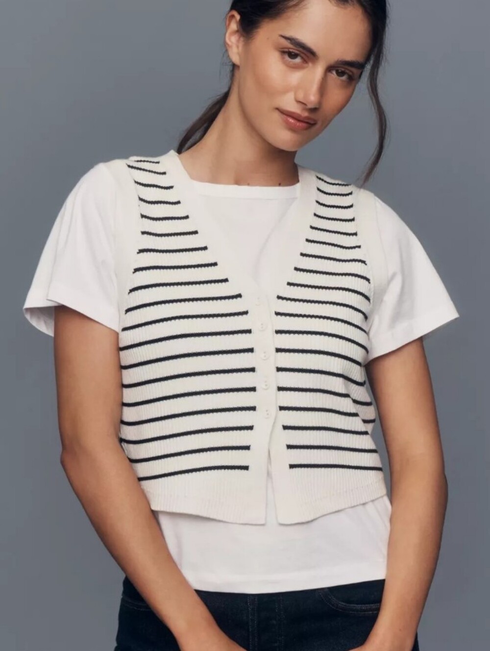 Striped Knit Striped Vest Tee Twofer Top In Black And White